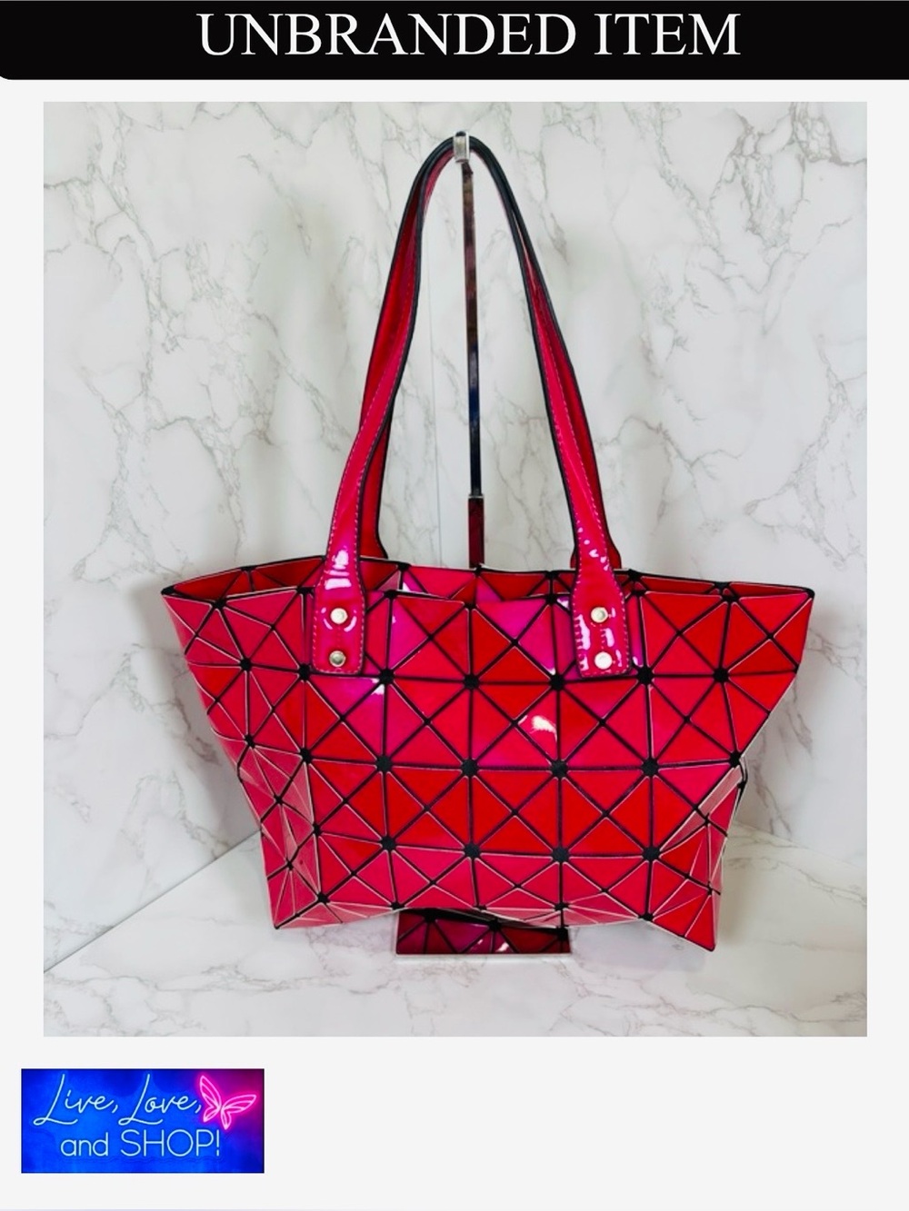 PURSE: Red Tote w/Triangular Prism Paneling Known as a "Foldable Tote” EUC